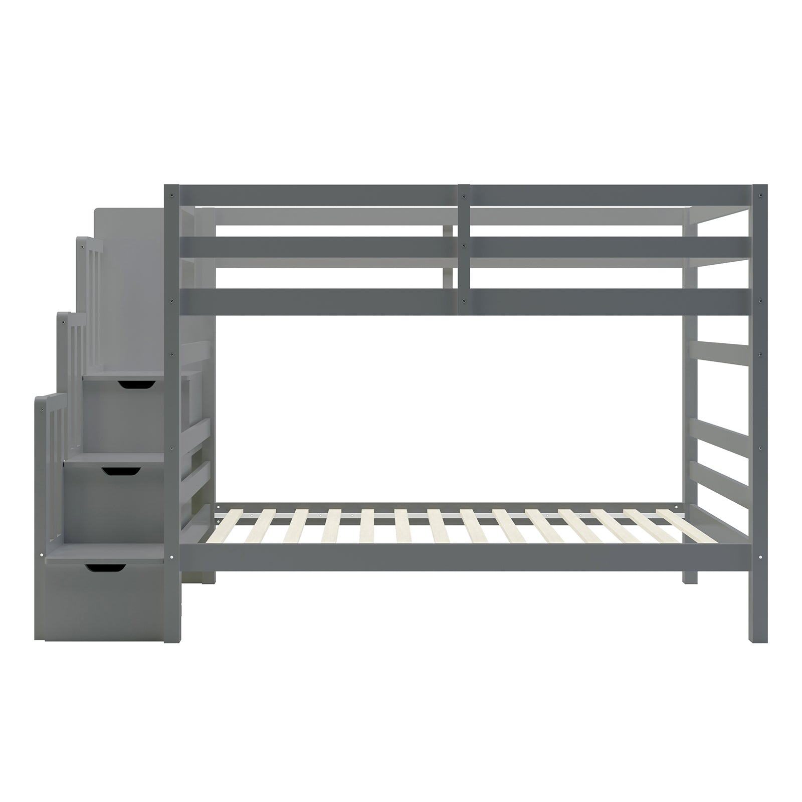 Galla Staircase Storage Bunk Bed - Grey Solid Wood features a sturdy bunk bed design with integrated staircase storage, visible wooden slats, and side shelves, ensuring durability and practical storage solutions.