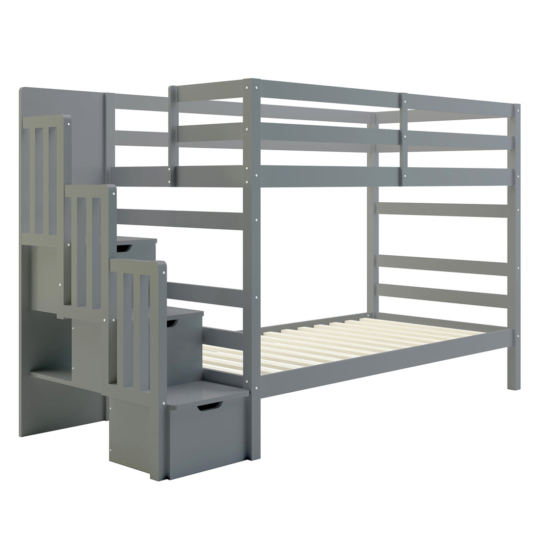 Galla Staircase Storage Bunk Bed - Grey Solid Wood, featuring a sturdy pine wood frame with integrated staircase drawers and side shelves, designed for practicality and safety, ideal for children's bedrooms.