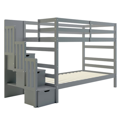 Galla Staircase Storage Bunk Bed - Grey Solid Wood, featuring a sturdy pine wood frame with integrated staircase drawers and side shelves, designed for practicality and safety, ideal for children's bedrooms.
