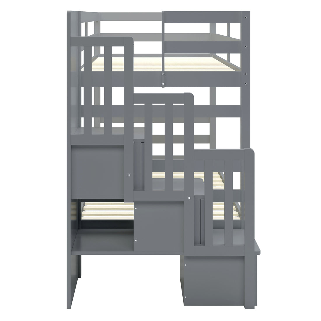 Galla Staircase Storage Bunk Bed - Grey Solid Wood, features a sturdy pine frame with a ladder and storage staircase, ensuring durability and functionality in a child's room.