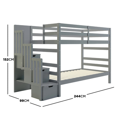 Galla Staircase Storage Bunk Bed - Grey Solid Wood, features a robust design with integrated staircase drawers and side shelves, crafted from solid pine for durability, meeting Australian safety standards.