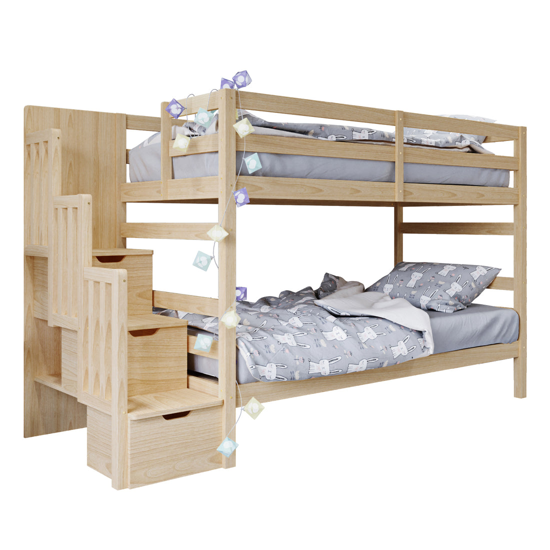 Galla Staircase Storage Bunk Bed - Natural Solid Wood: Features a sturdy bunk bed with integrated staircase storage, including three drawers and side shelves, crafted from durable solid pine wood.