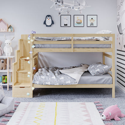 Galla Staircase Storage Bunk Bed - Natural Solid Wood with integrated staircase drawers and side shelves, visible in a child's room alongside a monkey picture and stuffed animal, showcasing its space-saving design.