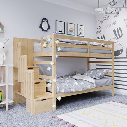 Galla Staircase Storage Bunk Bed - Natural Solid Wood, featuring a sturdy pine wood frame, storage staircase with three drawers, and side shelves, perfect for a functional children's room setup.