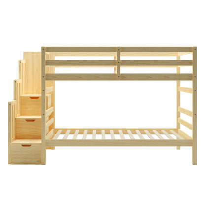 Galla Staircase Storage Bunk Bed - Natural Solid Wood: A sturdy wooden bunk bed with storage stairs featuring three drawers and side shelves, crafted from solid pine, ensuring durability and space efficiency.