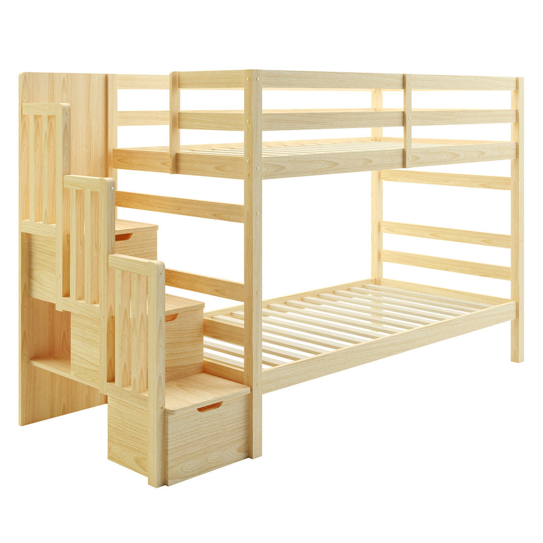 Galla Staircase Storage Bunk Bed - Natural Solid Wood: Solid pine bunk bed with slat base, staircase storage featuring three drawers, and side shelves for enhanced organization. Designed for durability and safety.