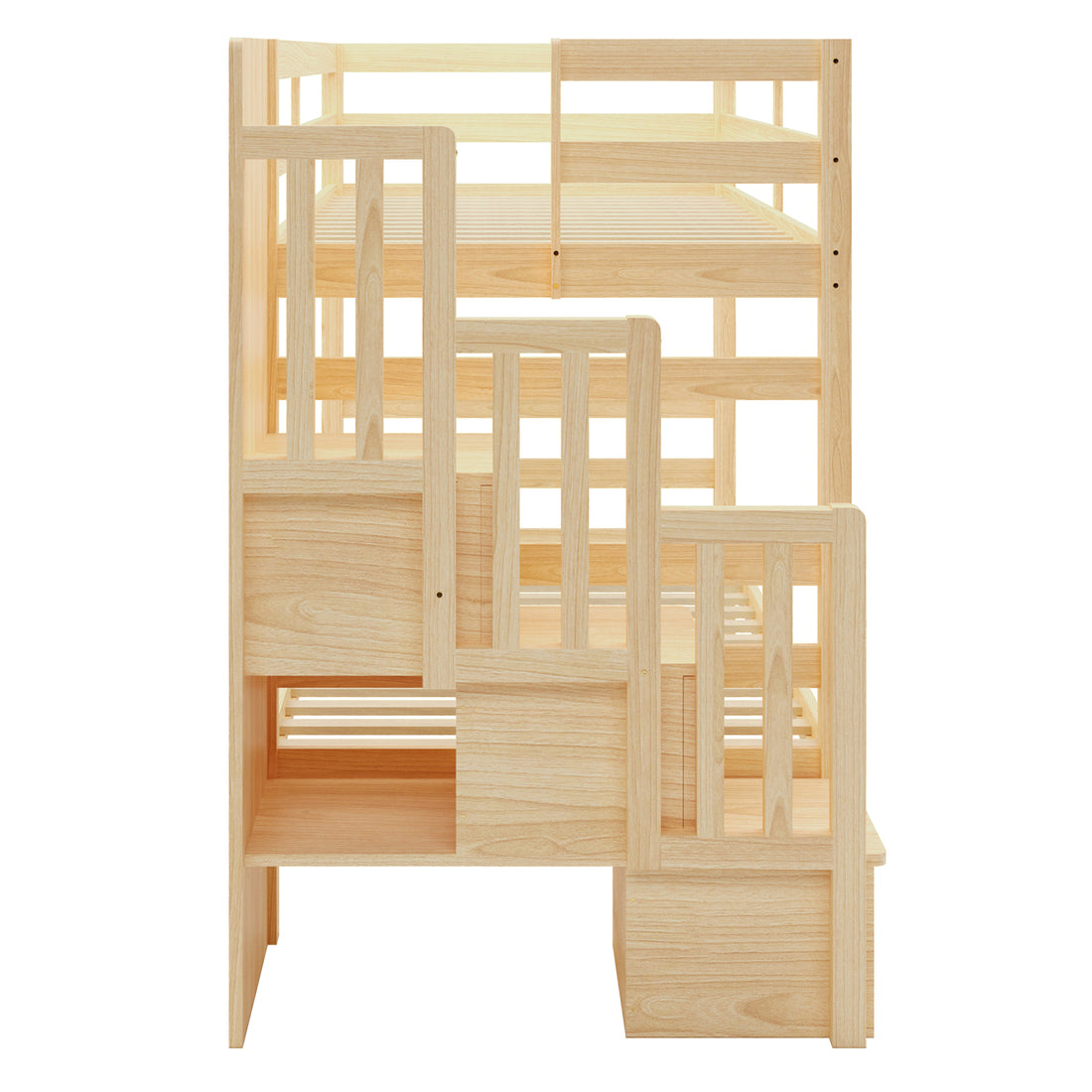Galla Staircase Storage Bunk Bed - Natural Solid Wood, featuring a sturdy solid pine frame, integrated staircase with three drawers, and side storage shelves for efficient space utilization.
