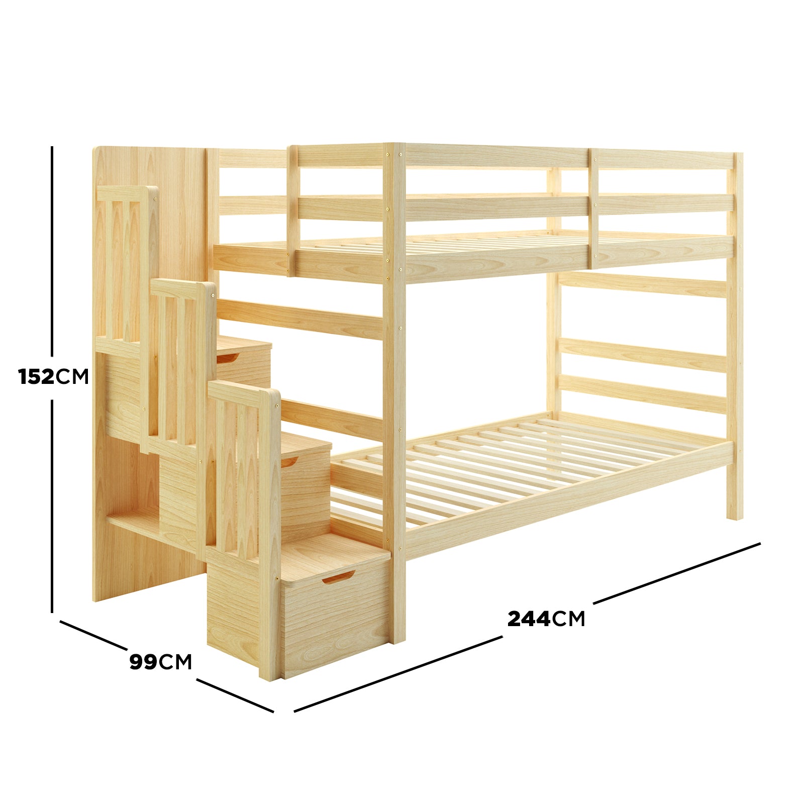 Galla Staircase Storage Bunk Bed - Natural Solid Wood: features sturdy pine slats, built-in staircase storage with three drawers, and side shelves for organized space-saving in children's rooms.