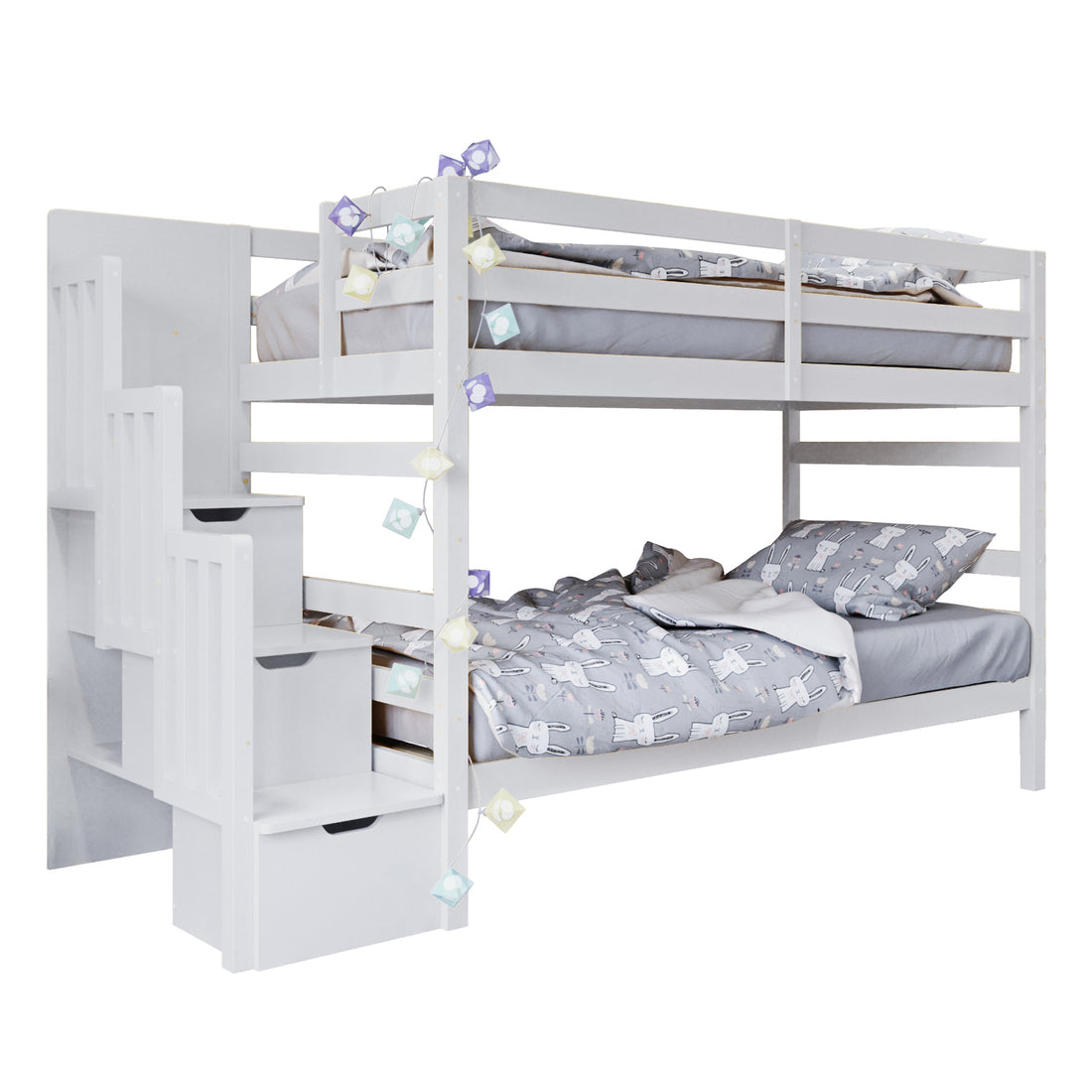 Galla Staircase Storage Bunk Bed - White Solid Wood shown in a close-up of its sturdy frame and practical storage staircase with drawers and side shelves, emphasizing its functional design and safety features.