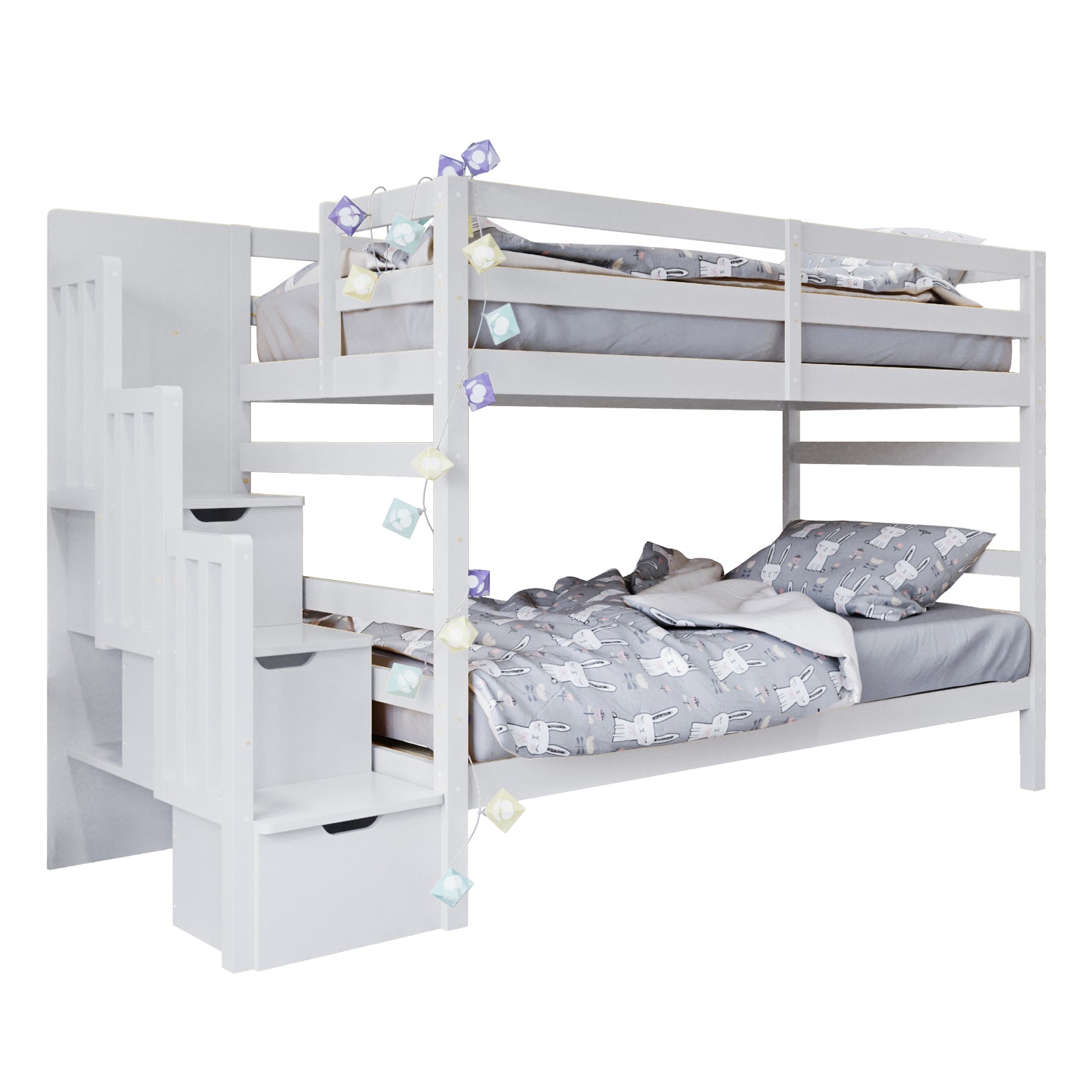 Galla Staircase Storage Bunk Bed - White Solid Wood shown in a close-up of its sturdy frame and practical storage staircase with drawers and side shelves, emphasizing its functional design and safety features.
