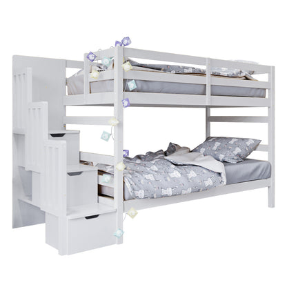 Galla Staircase Storage Bunk Bed - White Solid Wood shown in a close-up of its sturdy frame and practical storage staircase with drawers and side shelves, emphasizing its functional design and safety features.