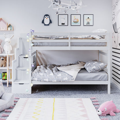 Galla Staircase Storage Bunk Bed - White Solid Wood in a room, featuring built-in staircase storage, side shelves, and a sturdy design, ideal for children's bedrooms, ensuring organization and safety.