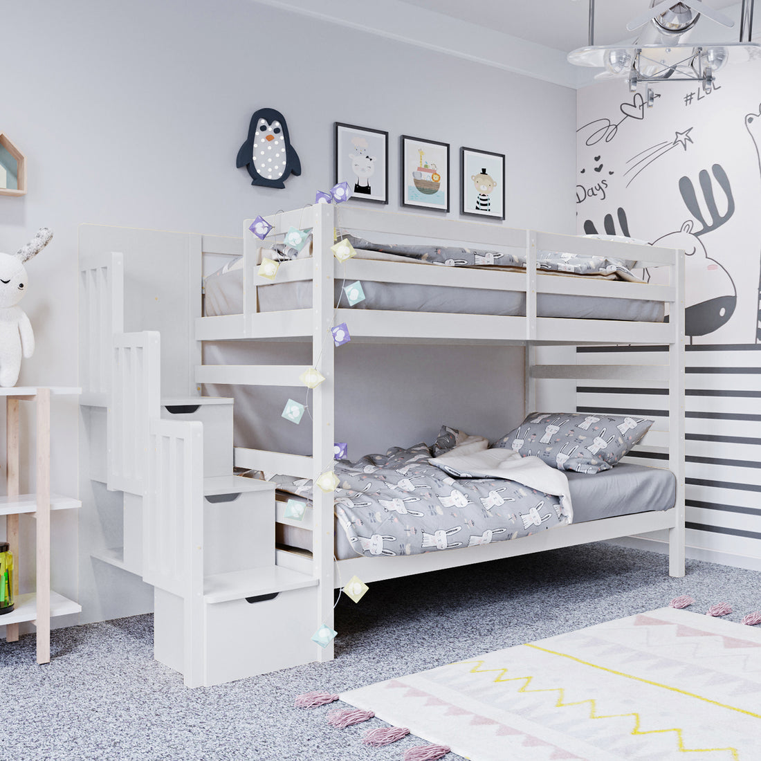 Galla Staircase Storage Bunk Bed - White Solid Wood shown with integrated storage staircase, featuring three drawers and two side shelves, crafted from durable pine wood, designed for children's bedrooms.