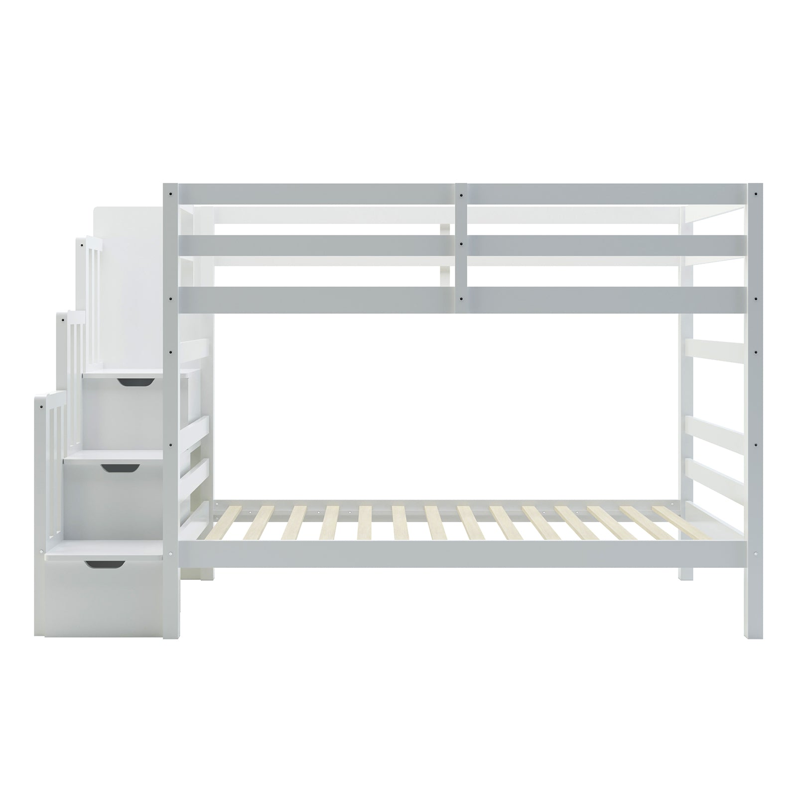 Galla Staircase Storage Bunk Bed - White Solid Wood with stairs, wooden slats, and built-in storage, designed for functionality and style with durable pine construction and safety features.