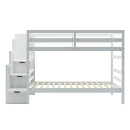 Galla Staircase Storage Bunk Bed - White Solid Wood with stairs, wooden slats, and built-in storage, designed for functionality and style with durable pine construction and safety features.