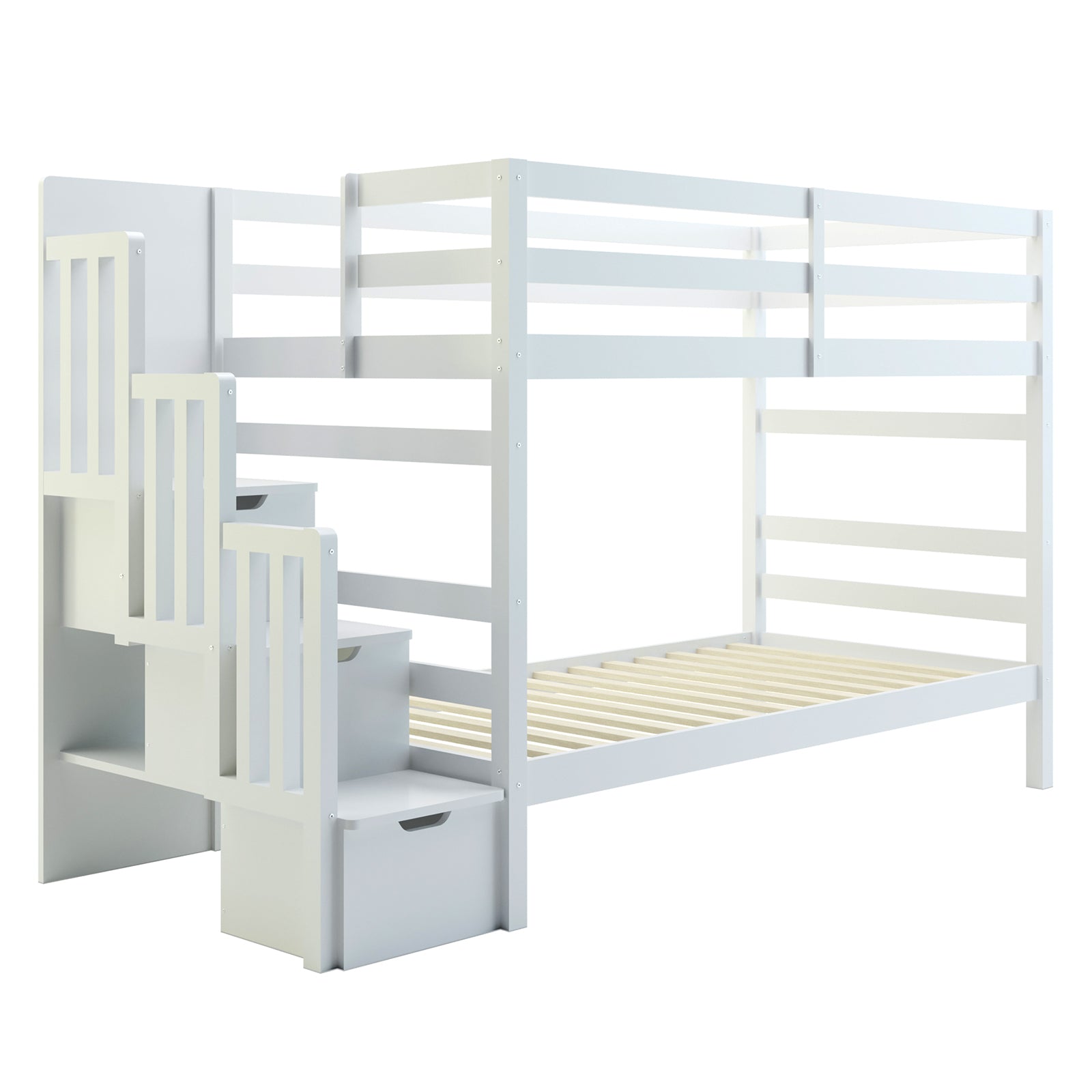 Galla Staircase Storage Bunk Bed - White Solid Wood; features a white bunk bed with integrated storage drawers in the staircase and side shelves, showcasing a durable, space-saving design ideal for children's bedrooms.