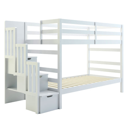 Galla Staircase Storage Bunk Bed - White Solid Wood; features a white bunk bed with integrated storage drawers in the staircase and side shelves, showcasing a durable, space-saving design ideal for children's bedrooms.