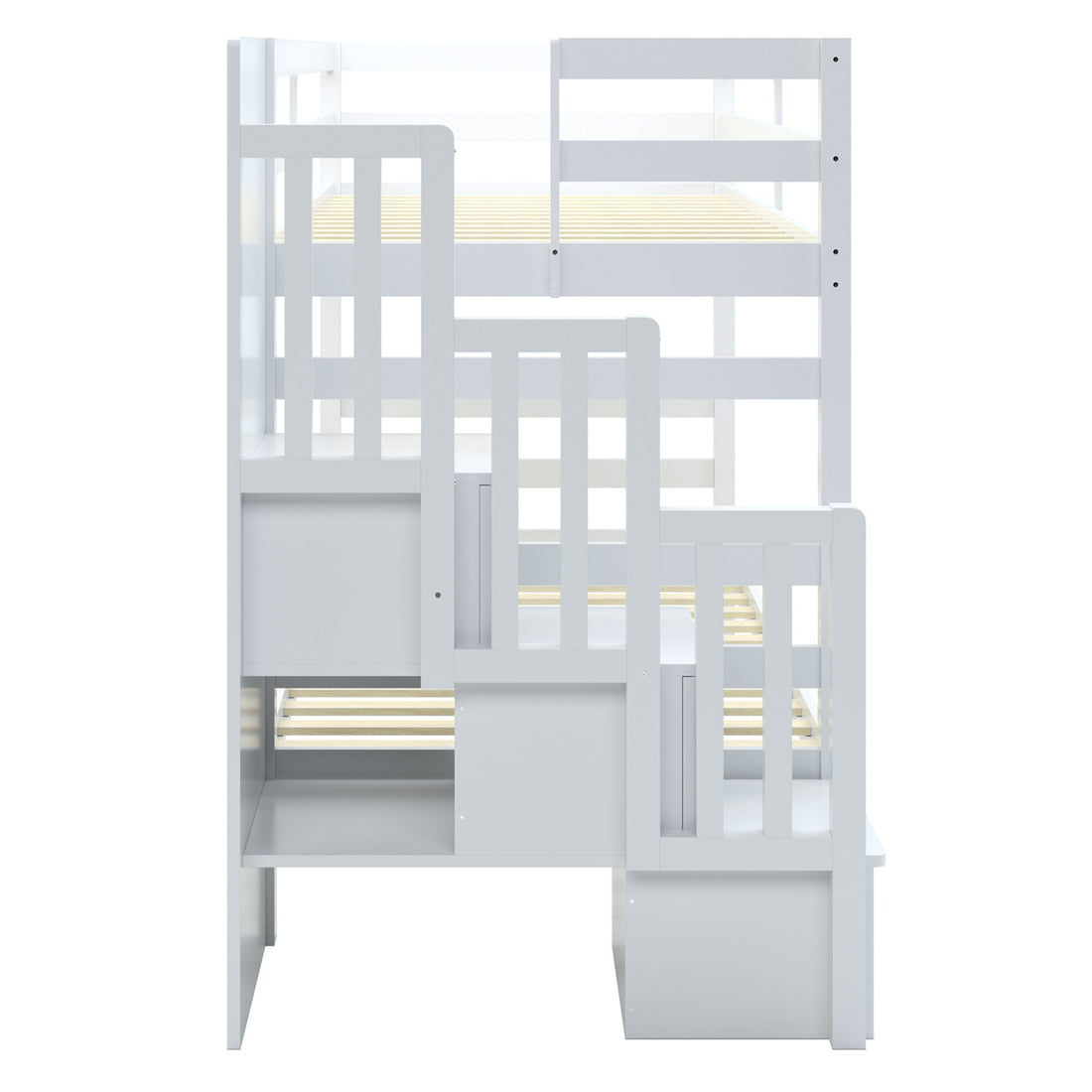 Galla Staircase Storage Bunk Bed - White Solid Wood features a durable design with a storage staircase, wooden slat base, and side shelves, providing practical and stylish organization for kids' rooms.