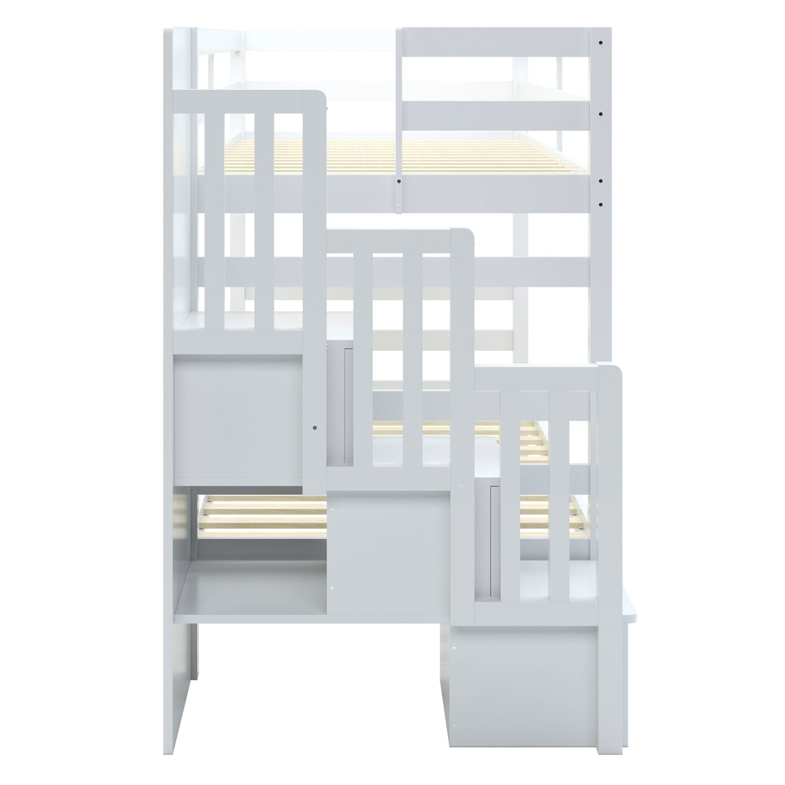Galla Staircase Storage Bunk Bed - White Solid Wood features a durable design with a storage staircase, wooden slat base, and side shelves, providing practical and stylish organization for kids' rooms.