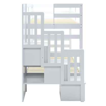 Galla Staircase Storage Bunk Bed - White Solid Wood features a durable design with a storage staircase, wooden slat base, and side shelves, providing practical and stylish organization for kids' rooms.