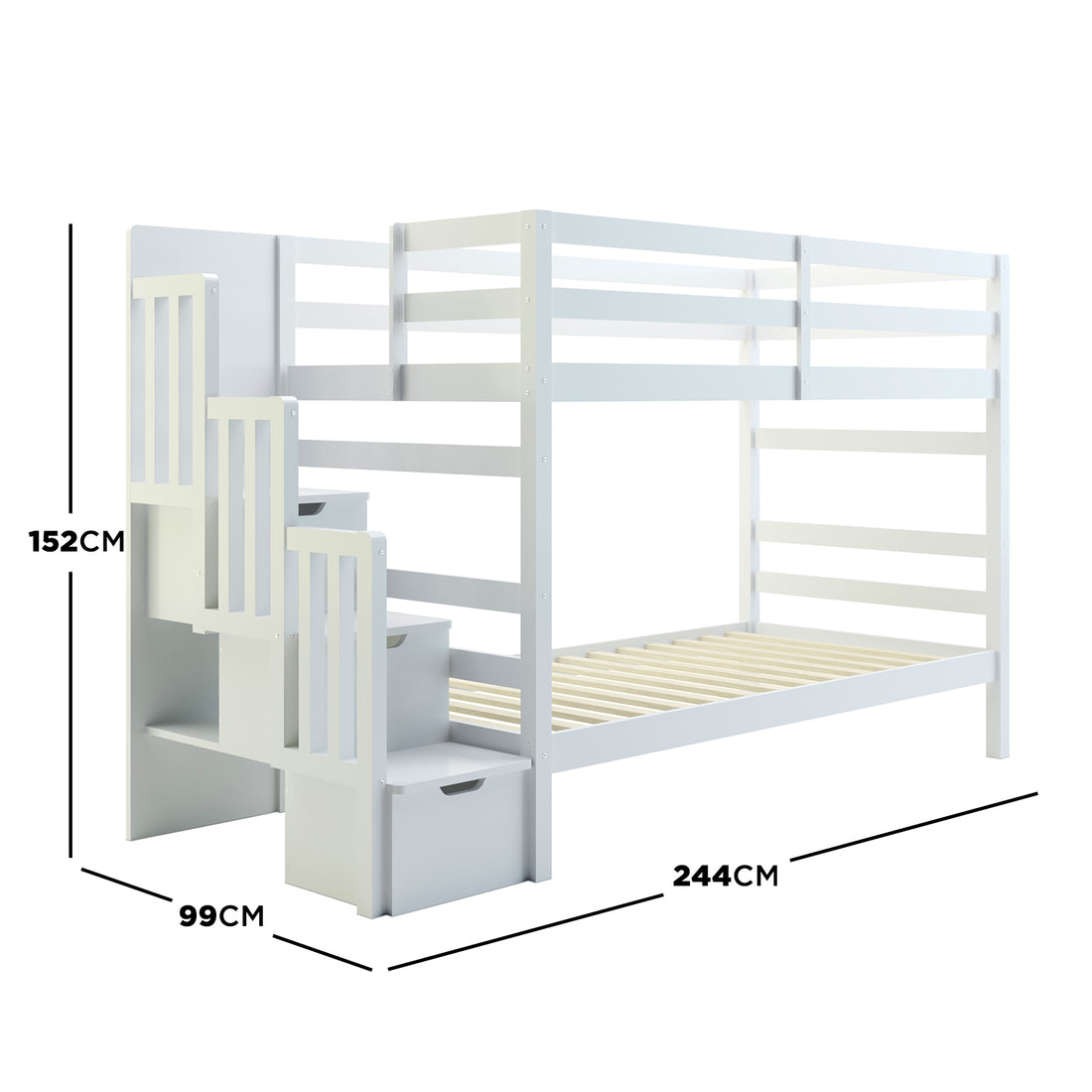 Galla Staircase Storage Bunk Bed - White Solid Wood features a sturdy design with storage staircase, guard rails, and side shelves. Ideal for kids' rooms, ensuring safety and organization.