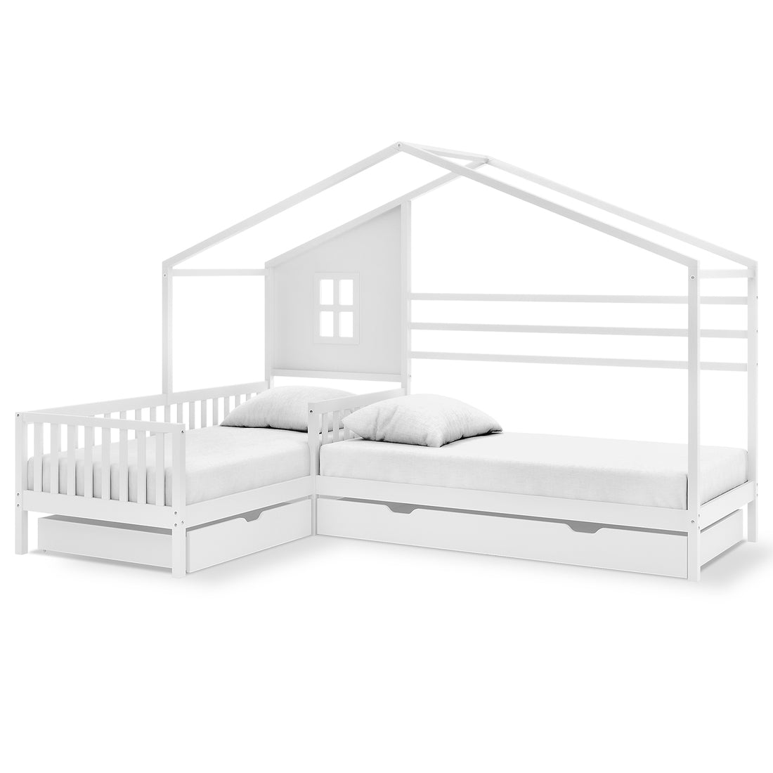 Gawler Twin Kids House Bed with Drawers - White, featuring an L-shaped design with twin platforms, low guard rails, a peaked roof frame, a window cut-out, and pull-out storage drawers.