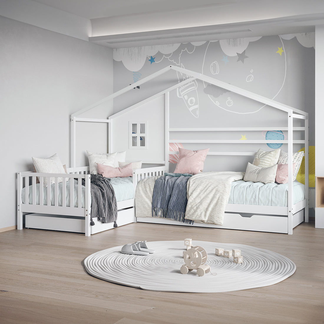 Gawler Twin Kids House Bed with Drawers in a modern children's corner, featuring house-frame headboards, pastel bedding, and playful decor, emphasizing space-saving design and imaginative elements.
