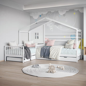 Gawler Twin Kids House Bed with Drawers in a modern children's corner, featuring house-frame headboards, pastel bedding, and playful decor, emphasizing space-saving design and imaginative elements.