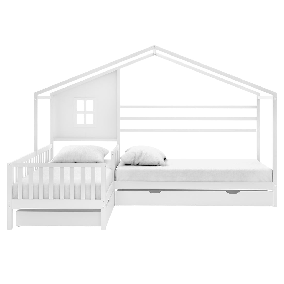Gawler Twin Kids House Bed with Drawers - White, featuring a dual sleeping layout with a single bed and crib-style bed under a house-shaped frame, complete with storage drawers below.