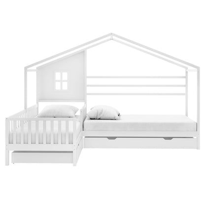 Gawler Twin Kids House Bed with Drawers - White, featuring a dual sleeping layout with a single bed and crib-style bed under a house-shaped frame, complete with storage drawers below.