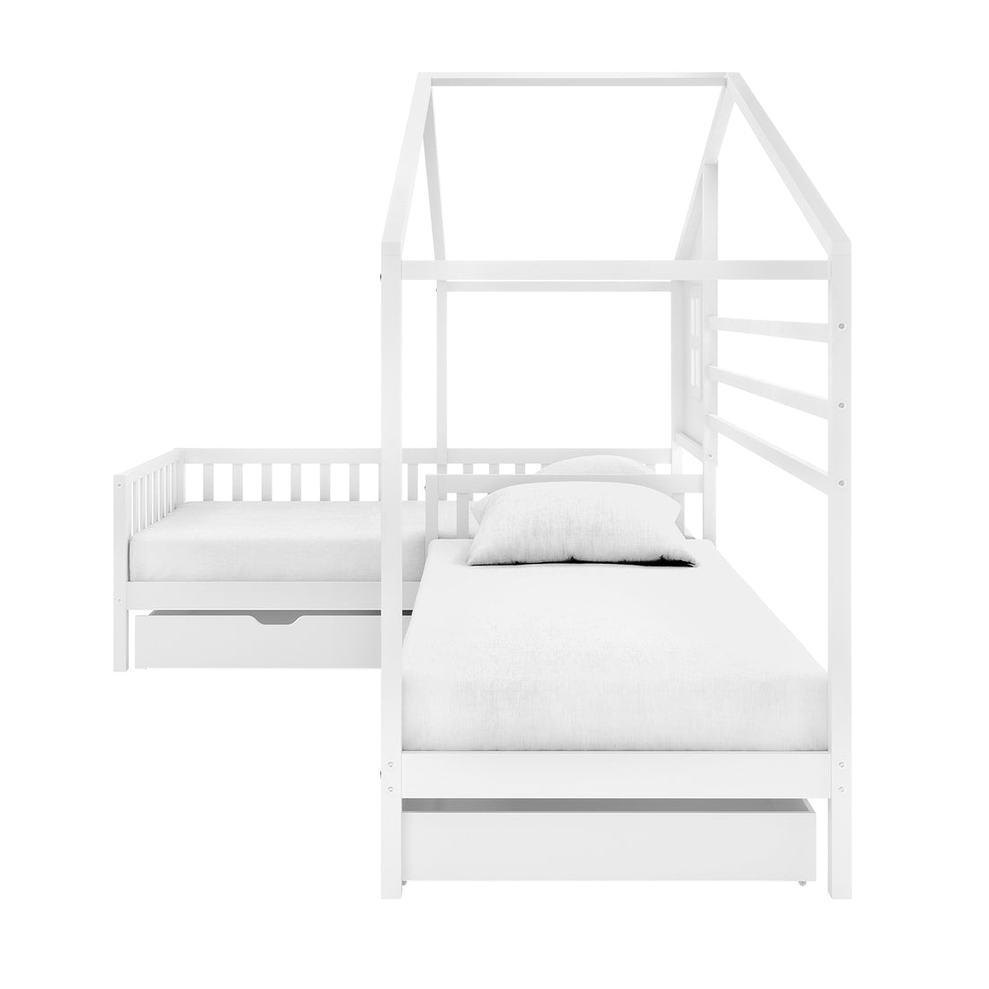 Gawler Twin Kids House Bed with Drawers - White, featuring L-shaped twin-sized house frames with slatted roofs, low guard-rails, and pull-out storage drawers underneath, crafted from solid pine.