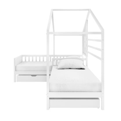 Gawler Twin Kids House Bed with Drawers - White, featuring L-shaped twin-sized house frames with slatted roofs, low guard-rails, and pull-out storage drawers underneath, crafted from solid pine.