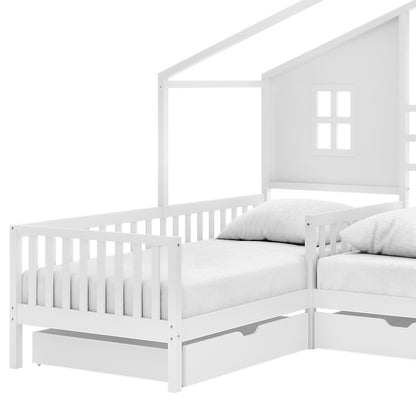 Gawler Twin Kids House Bed with Drawers - White: A white wooden toddler bed frame styled like a house with peaked roof, faux window panel, slatted guardrails, and a pull-out storage drawer beneath.