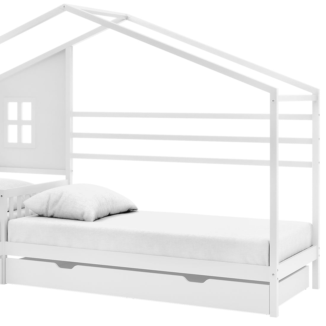 Gawler Twin Kids House Bed with Drawers features a white, house-like frame with a peaked roof, slatted sides, a window cutout headboard, a pull-out drawer, and a simple mattress.