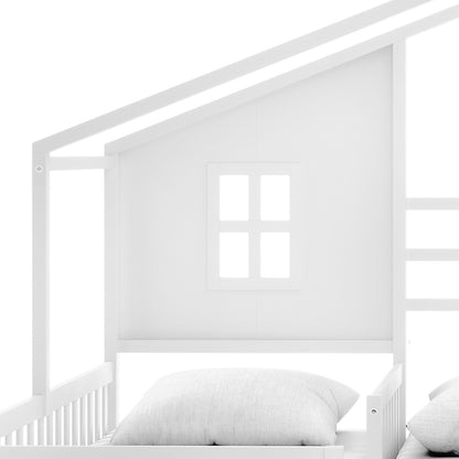 Gawler Twin Kids House Bed with Drawers - White features a white, house-shaped wooden frame with slanted roof beams, a small four-pane window cut-out, side rails, and a visible top mattress with a pillow.