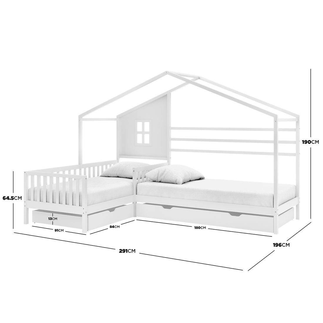 Gawler Twin Kids House Bed with Drawers - White: L-shaped, house-style bed frame with pitched roof, safety rail, window panel, and under-bed storage drawers. Converts into two single beds.