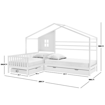 Gawler Twin Kids House Bed with Drawers - White: L-shaped, house-style bed frame with pitched roof, safety rail, window panel, and under-bed storage drawers. Converts into two single beds.