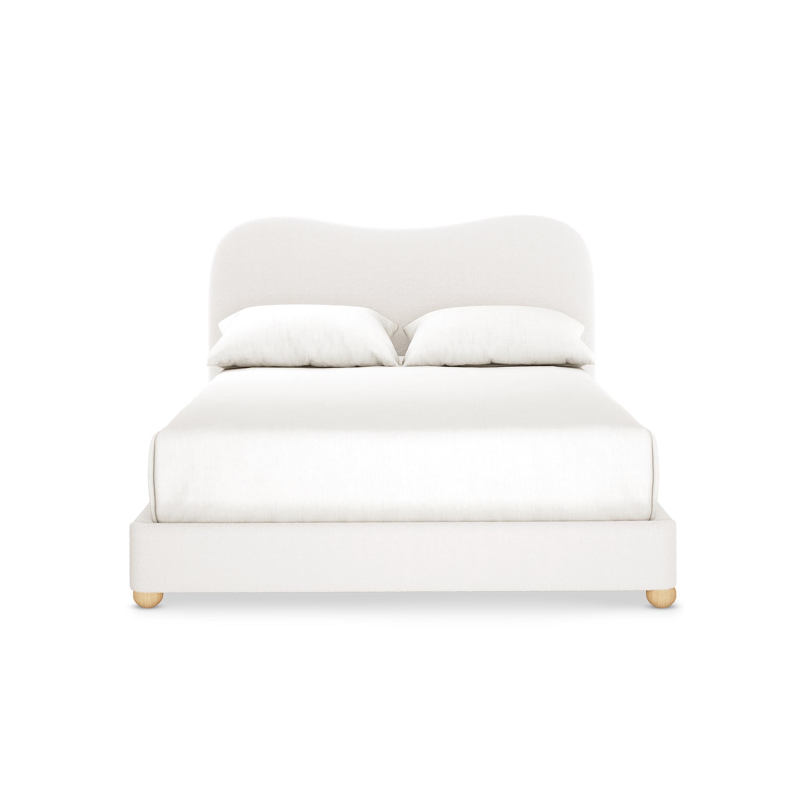 Ginnie Bouclé Curved Double Bed Frame features a low-profile upholstered frame with a plush curved headboard, two white pillows, and wooden bun feet, ideal for modern, compact bedroom spaces.