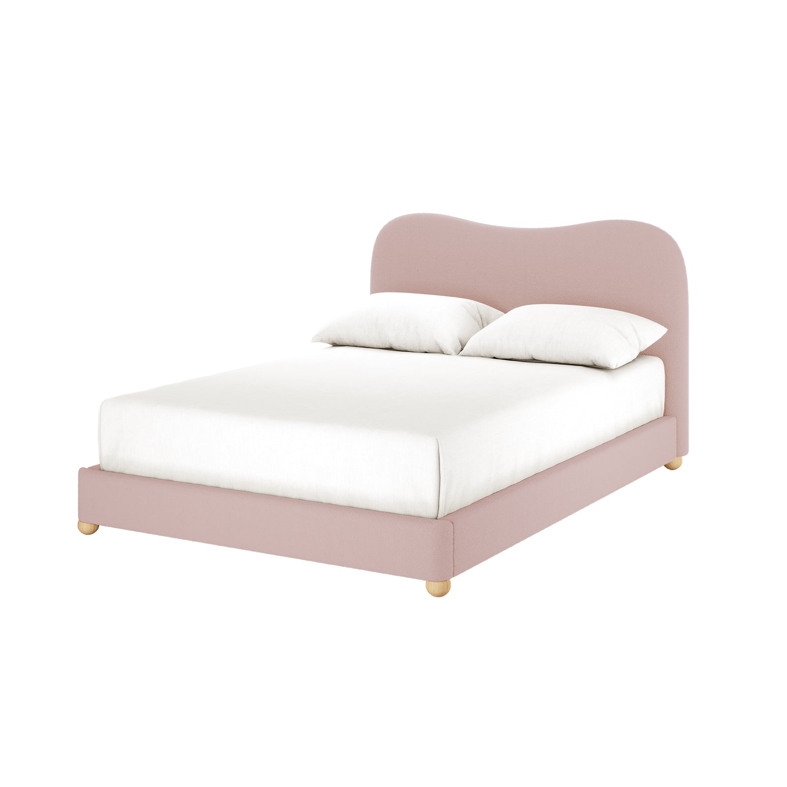 Ginnie Double Curved Bouclé Cloud Bed Frame in Pink features a modern platform design with a soft-curved, upholstered headboard and base, dressed in white bedding, on rounded wooden legs.