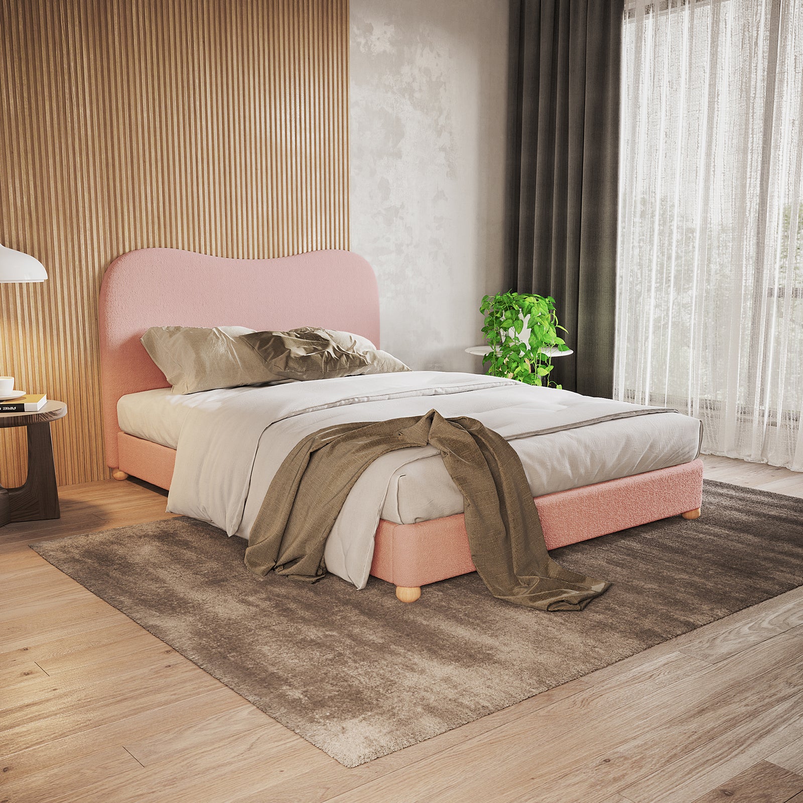 Ginnie Double Curved Bouclé Cloud Bed Frame in Pink, showcased in a serene bedroom, features soft pink bouclé upholstery and rounded wooden feet, complemented by neutral bedding and soft natural light.