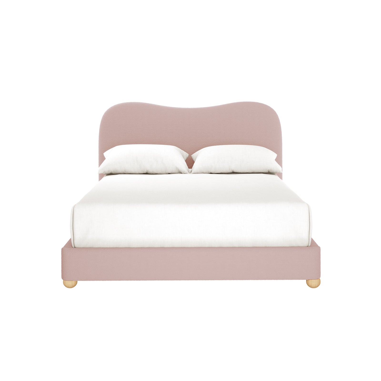 Ginnie Double Curved Boucle Cloud Bed Frame in Pink; features a blush-pink upholstered frame with a curved headboard, white bedding, and wooden feet against a plain white background, exuding modern elegance.