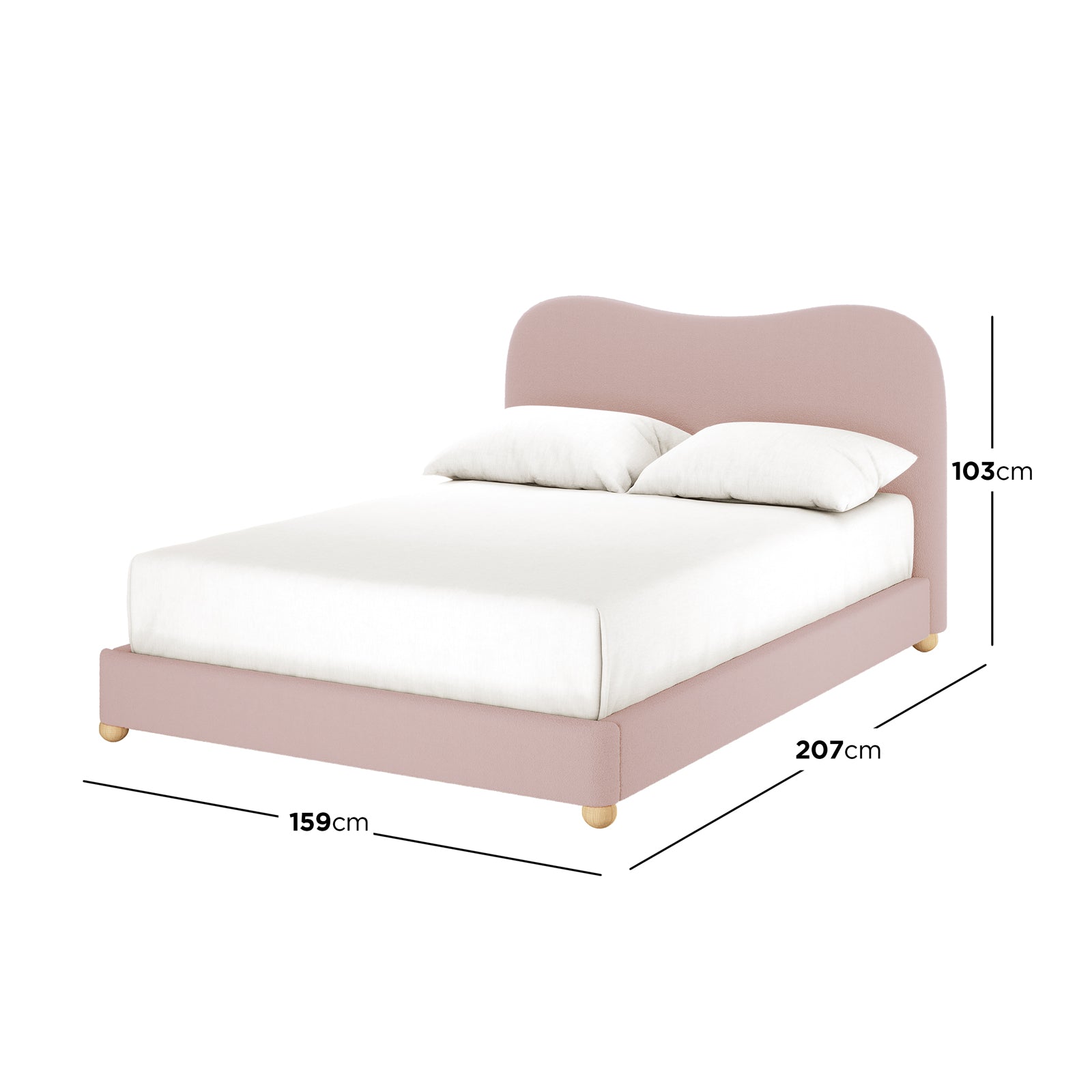Ginnie Double Curved Bouclé Bed Frame in Pink, featuring a softly curved headboard, upholstered in textured bouclé fabric, with low round wooden feet, showcasing its elegant and modern design.