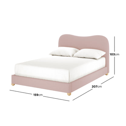 Ginnie Double Curved Bouclé Bed Frame in Pink, featuring a softly curved headboard, upholstered in textured bouclé fabric, with low round wooden feet, showcasing its elegant and modern design.