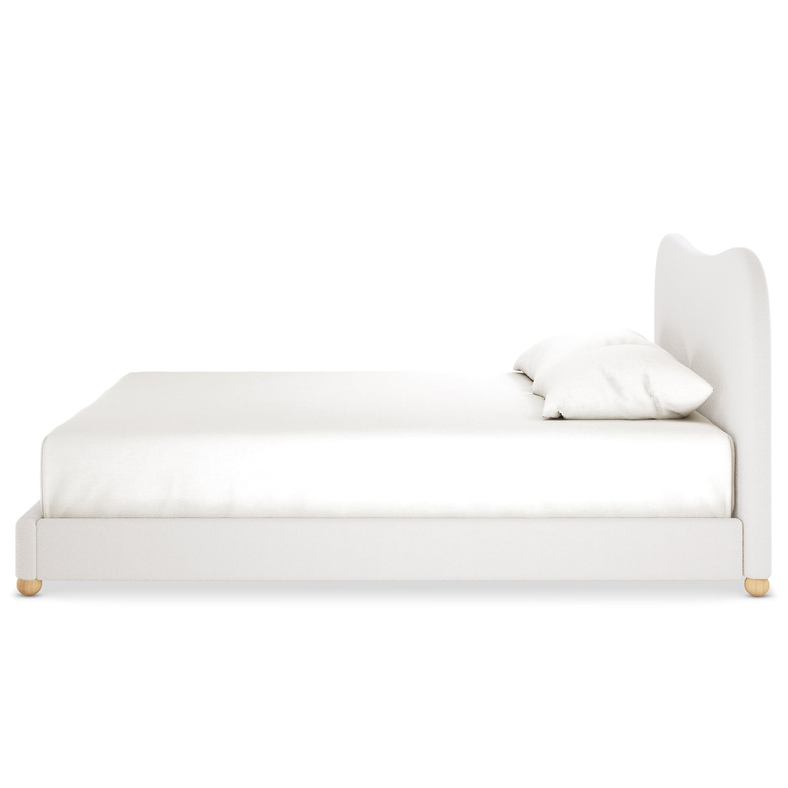 Ginnie Bouclé Curved King Bed Frame – Cream White, showcasing a plush, curved headboard and solid timber legs, upholstered in soft bouclé fabric, complete with mattress and pillows on a white background.