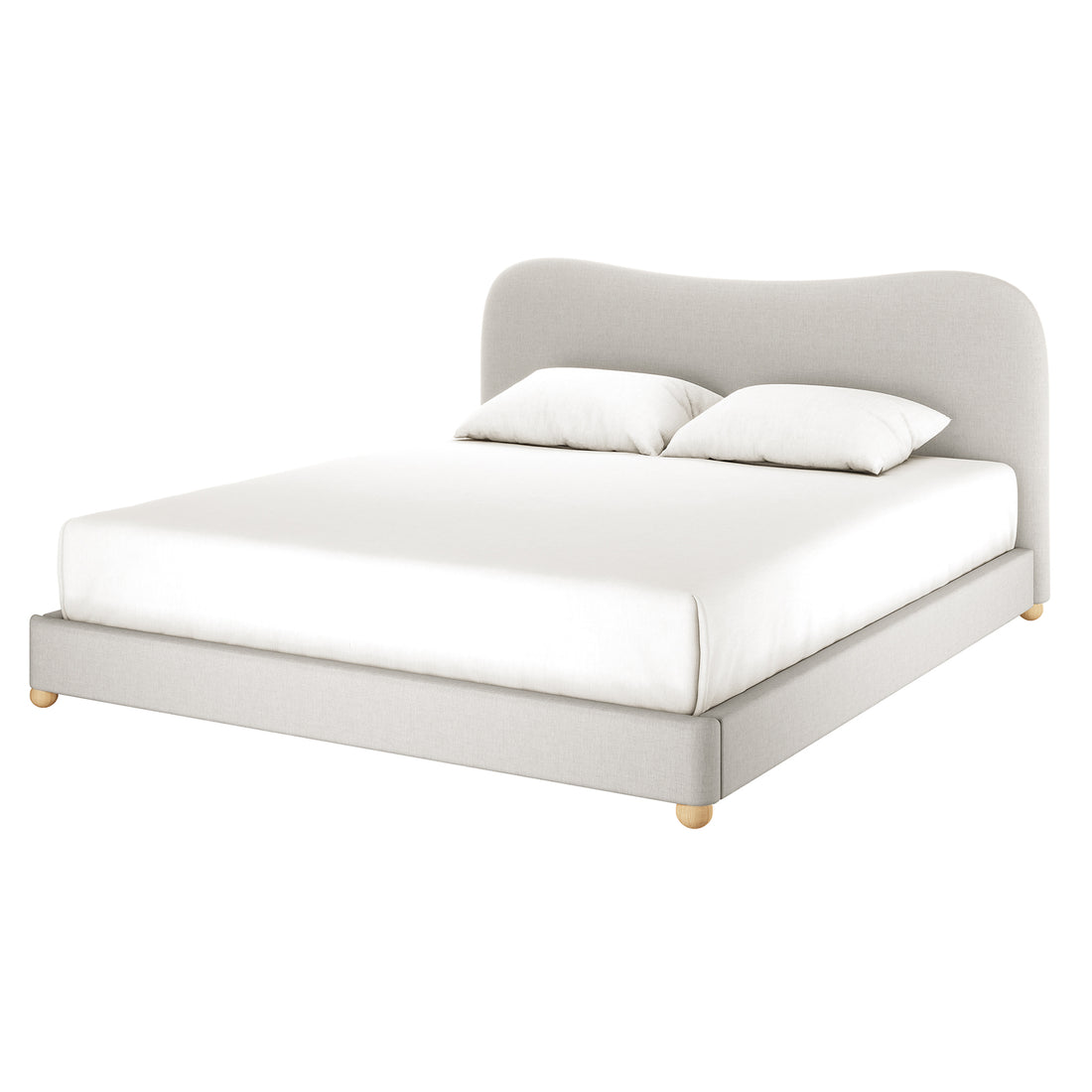 Ginnie Curved Linen Fabric Cloud Bed Frame - Grey King, featuring a gently curved headboard, upholstered in light neutral fabric, with a matching frame and round wooden feet, on a white background.