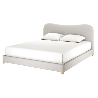 Ginnie Curved Linen Fabric Cloud Bed Frame - Grey King, featuring a gently curved headboard, upholstered in light neutral fabric, with a matching frame and round wooden feet, on a white background.
