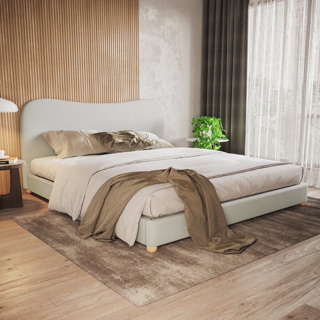 Ginnie Curved Linen Fabric Cloud Bed Frame - Grey King, featuring a low-profile design with a plush curved headboard, set in a serene bedroom corner with neutral bedding and elegant decor.