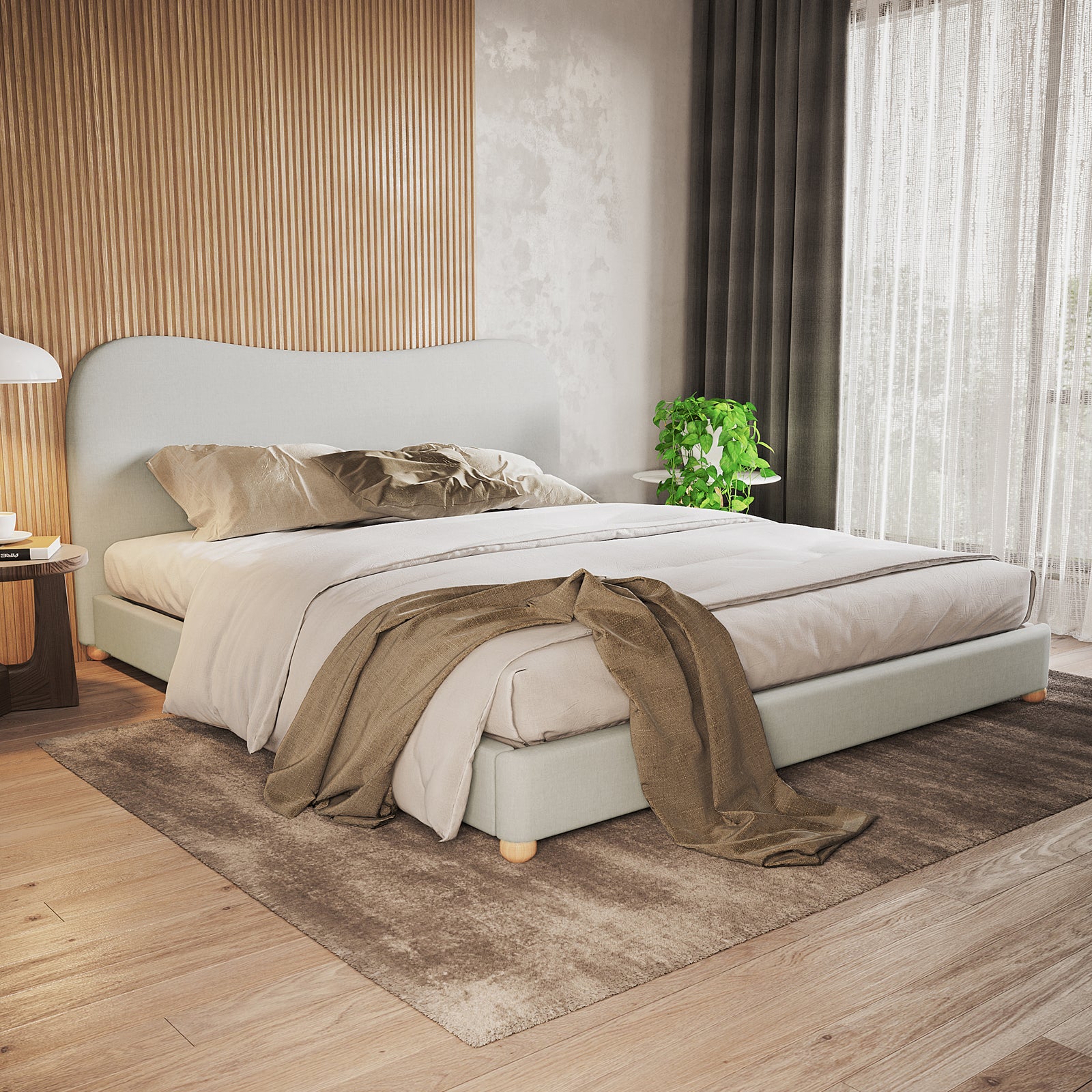 Ginnie Curved Linen Fabric Cloud Bed Frame - Grey King, featuring a low-profile design with a plush curved headboard, set in a serene bedroom corner with neutral bedding and elegant decor.