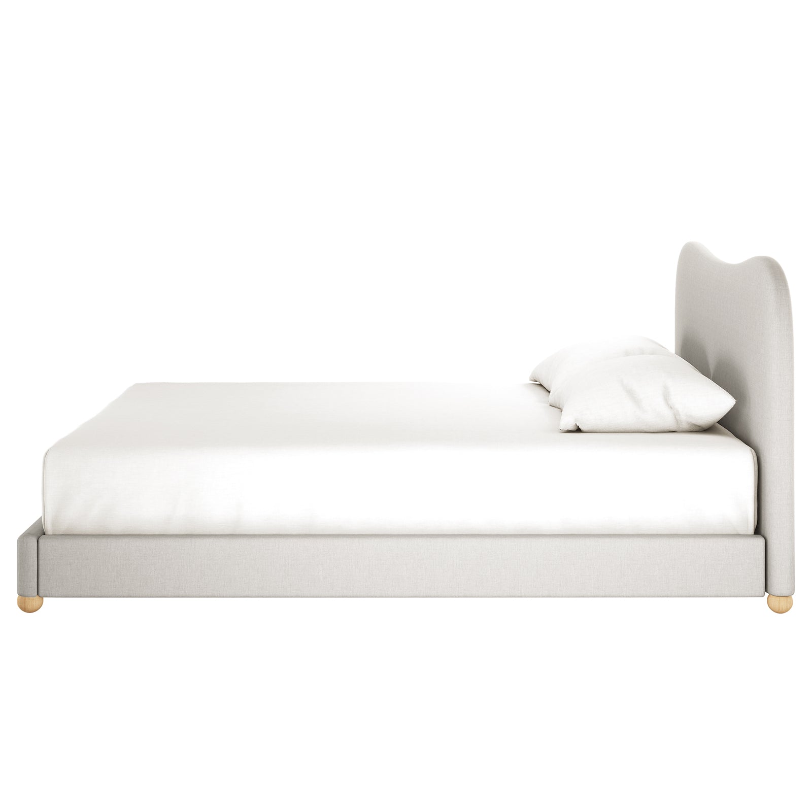 Ginnie Curved Linen Fabric Cloud Bed Frame - Grey King featuring a gently curved headboard, upholstered in light fabric, with a white mattress cover and pillows, supported by small wooden feet.