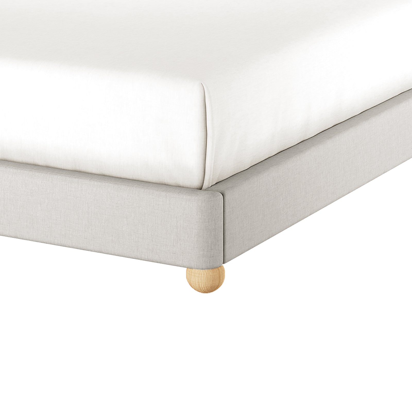 Close-up of the Ginnie Curved Linen Fabric Cloud Bed Frame - Grey King, showing a white fitted sheet on a light-gray upholstered frame with a round wooden leg, highlighting its minimalist elegance.